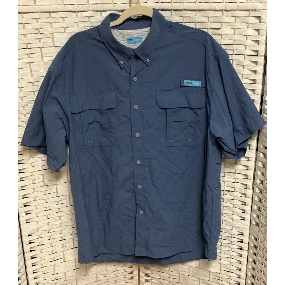 Tuna Brand Men's XL Fishing Shirt Blue Short Sleeve Mesh Vented Pockets VGC